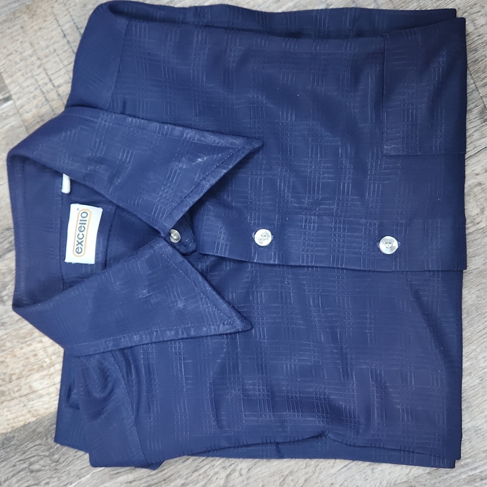 Vintage Excello Blue Button Down Collared Shirt 16.5 34 plaid textured knit